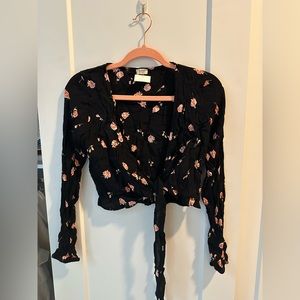Cute Front Tie Black Top with Flower Details